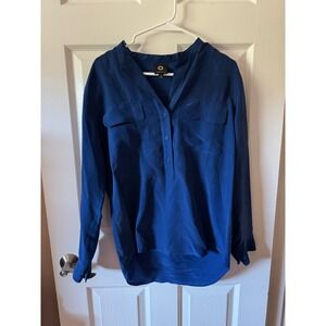 Amber Sun Silk Blend V Neck Long Sleeve‎ Button Front Shirt Top Blue Size Small